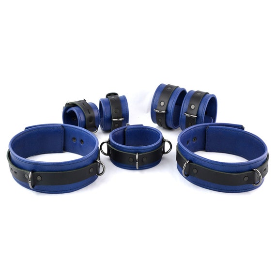 【F】LEATHER ANKLE CUFFS BLUE Premium Blue Restraint Set Beautiful Triple Layer Leather