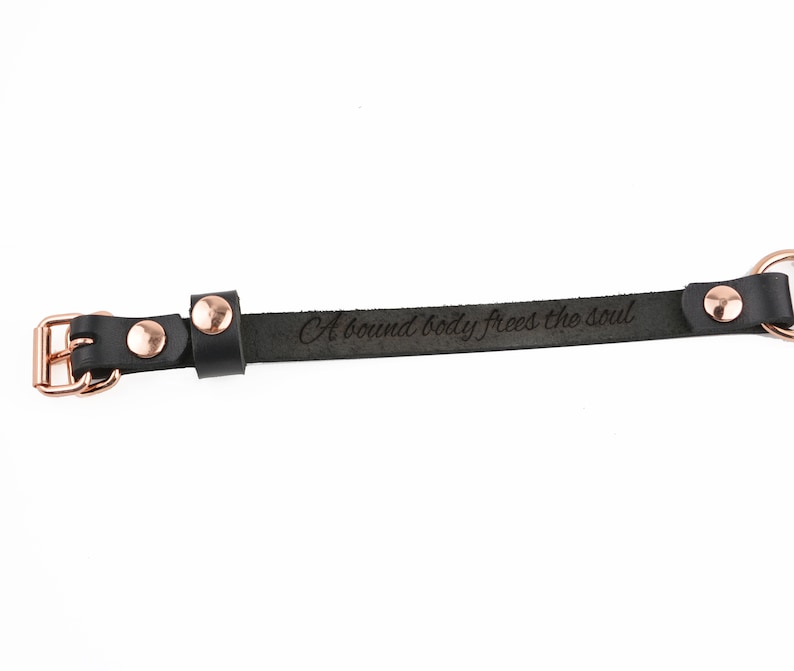 Secret Message Kitten Bell Custom Engraved Collar Handcrafted Leather with Rose Gold O-Ring & Kitty Bell Choker col52rgbl image 3