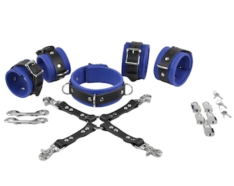 Conjunto completo de sujeción para bondage en cuero azul oscuro de lujo con herrajes plateados / Collar, esposas para muñecas y tobillos, conector cruzado, mosquetones, candados