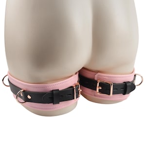 Thigh Cuffs - Premium Blush Pink Leather with Rose Gold Hardware | Lockable Handcrafted Features 3 x D-Rings On Each Cuff | Cf8BlPnkRg