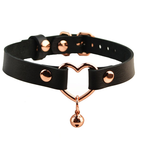 Secret Message Custom Engraved Leather Collar with Rose Gold Heart & Kitten Bell | Handcrafted Submissive Pet Play Kitty Choker | Col53rg