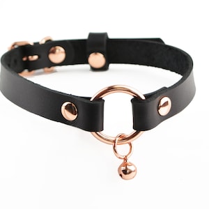 Secret Message Kitten Bell Custom Engraved Collar Handcrafted Leather with Rose Gold O-Ring & Kitty Bell Choker col52rgbl Standard (33mm)