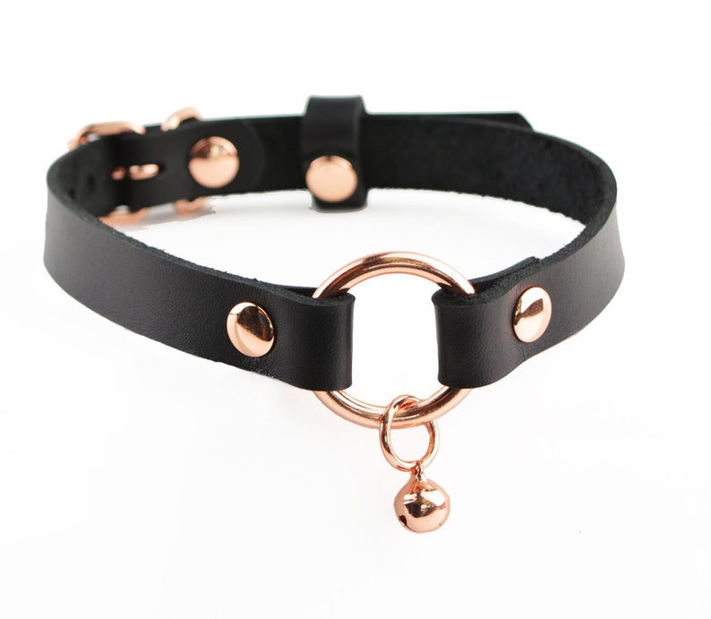 Secret Message Kitten Bell Custom Engraved Collar Handcrafted Leather with Rose Gold O-Ring & Kitty Bell Choker col52rgbl Standard (33mm)