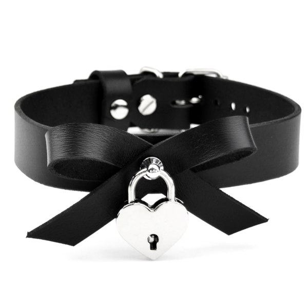 Handcrafted Black Leather Choker Collar with Bow & Love Heart Lock - Col25SlvBwLc