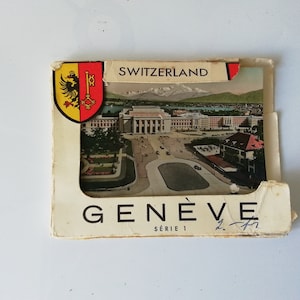 Postales vintage de Suiza con sobre original - Paisajes de Ginebra de los años 50 - Juego de 10 postales a color - Recuerdos de viajes retro