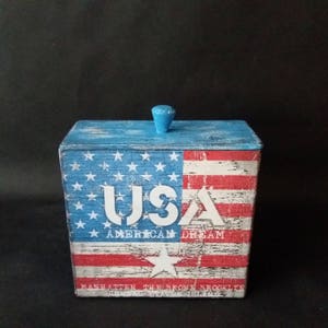 Wooden american flag boxes Military storage box Patriotic wooden box Small handmade flag box Keepsake box with flag Red white blue wood box