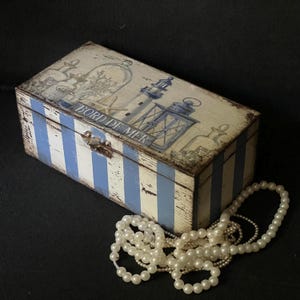 Handmade jewelry box with drawers Nautical trinket box Shabby chic wood storage box Decorative wooden box with lid Beach lover gifts