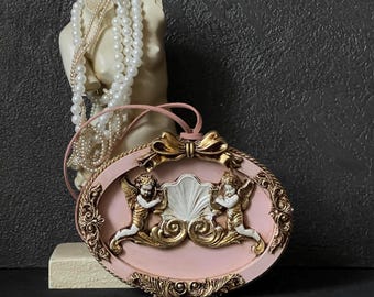 Handmade Shabby Chic Cherub Wall Plaque - Pink & Gold Coquette Decor