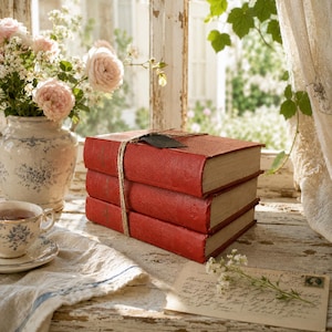 Puede incluir: Una pila de tres libros de tapa dura rojos atados con cordel, colocados junto a un jarrón de cerámica floral lleno de rosas de color rosa claro, una taza de té a juego sobre un platillo y una postal antigua sobre una superficie de madera.