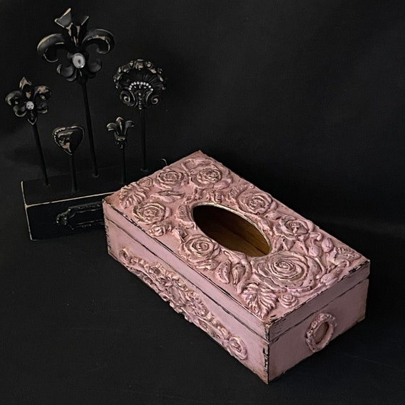 Handmade Pink Wooden Tissue Box Cover: Rose Decor