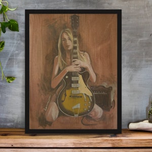 Oil Painting - Pinup Guitar Woman with Swingmaster Electric Guitar