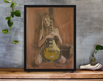 Oil Painting - Pinup Guitar Woman with Swingmaster Electric Guitar