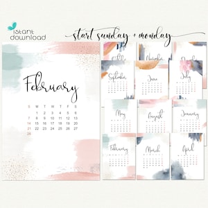2023 Calendar printable - Sunday start Monday start watercolor floral monthly calendar instant download