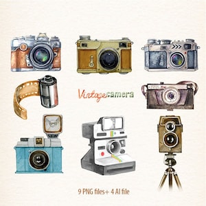 Vintage camera clipart Retro watercolor cameras Photo Film Vector Clipart