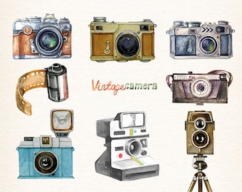 Vintage camera clipart Retro watercolor cameras Photo Film Vector Clipart