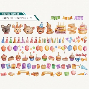 Clipart de aniversário aquarela feliz aniversário elementos gráficos bolo download instantâneo uso comercial ok