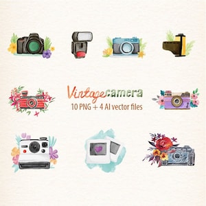 Câmera aquarela Clipart Retro câmera download instantâneo Foto câmera filme clip art Vector clip art uso comercial ok