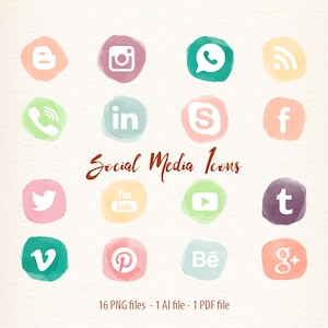 Ícones de mídia social clipart vetorial para blogs e sites ícones aquarela download instantâneo uso comercial ok