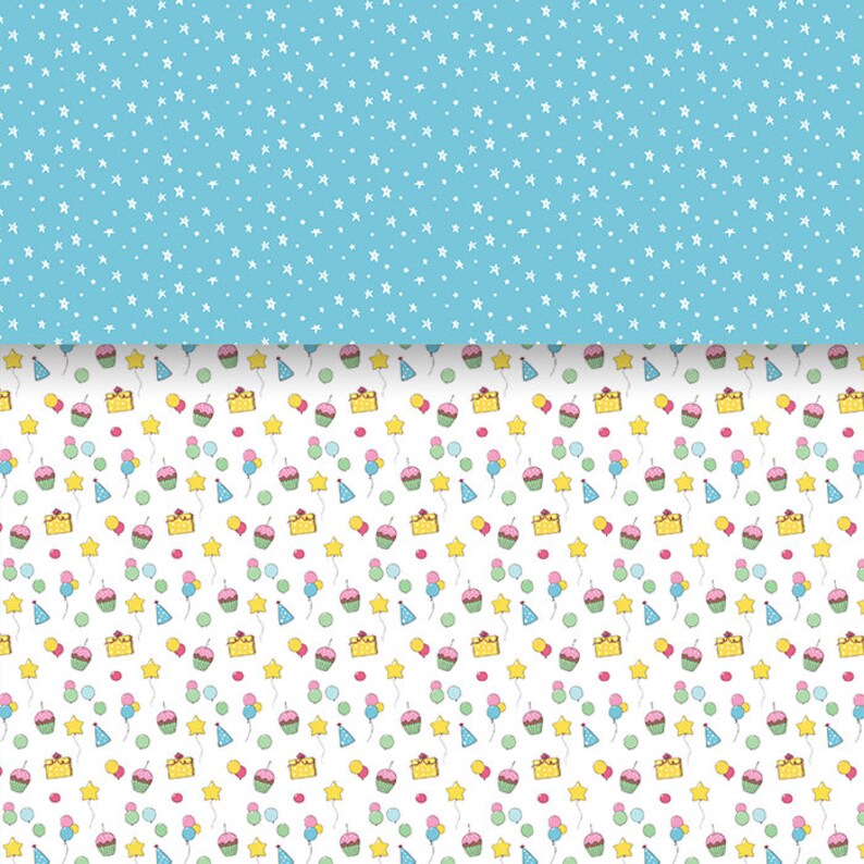 Peut inclure: Un motif sans couture avec un fond bleu et des &eacute;toiles blanches et un fond blanc avec un motif r&eacute;p&eacute;t&eacute; de cupcakes, d'&eacute;toiles, de ballons et de chapeaux de f&ecirc;te.
