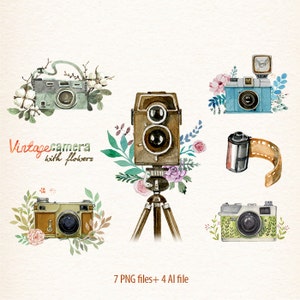 Camera, Watercolor camera, retro camera, Flowers & Cameras, photocamera, film, boho, floral, vector clipart Black Friday