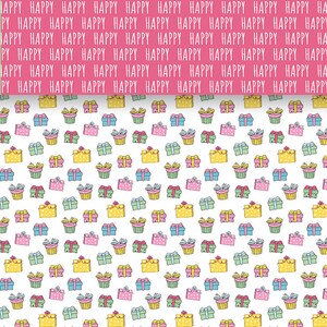 Peut inclure: Un fond blanc avec un motif r&eacute;p&eacute;titif de bo&icirc;tes cadeaux color&eacute;es avec des n&oelig;uds. Les bo&icirc;tes sont de diff&eacute;rentes couleurs, notamment jaune, vert, bleu et rose.