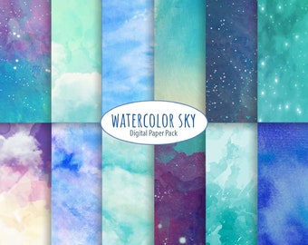 Cielo de acuarela Digital papel azul acuarela fondos texturas de acuarela, scrapbooking digital