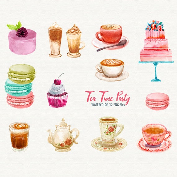 Tea Party Zeit Clipart Aquarell Clipart Cupcake Clipart Tee Etsy