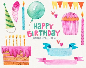 Watercolor Birthday Clipart Happy Birthday Cards Birthday Graphic Elements instant download