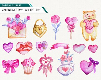 Valentine's day Clip art watercolor Love  Wedding vector clipart  Valentines Day Clipart Heart PNG instant download Commercial use OK