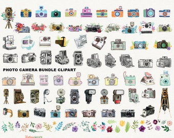 Paquete de imágenes prediseñadas de la cámara de la acuarela - cámara de la foto de la vendimia clip art descarga instantánea uso comercial ok