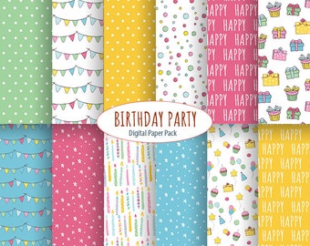 Peut inclure: Un pack de papier numérique avec 10 motifs différents pour les fêtes d'anniversaire. Les motifs comprennent des pois, des étoiles, des bougies, des ballons et les mots "Joyeux anniversaire".