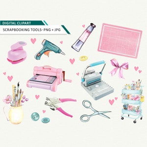 K&ouml;nnte beinhalten: Eine Sammlung von Scrapbooking-Werkzeugen, darunter ein rosa Papierschneider, eine Klebepistole, ein Locher, ein herzf&ouml;rmiger Locher, eine Schere, ein Lineal, ein Knopf, ein Band und ein Wagen mit Bastelbedarf.