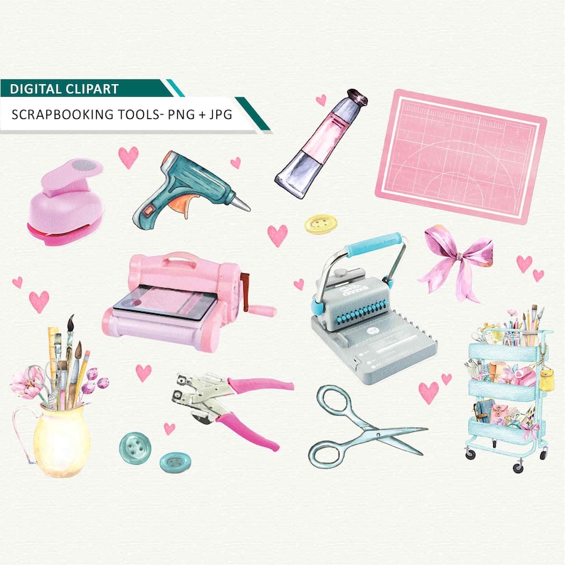 K&ouml;nnte beinhalten: Eine Sammlung von Scrapbooking-Werkzeugen, darunter ein rosa Papierschneider, eine Klebepistole, ein Locher, ein herzf&ouml;rmiger Locher, eine Schere, ein Lineal, ein Knopf, ein Band und ein Wagen mit Bastelbedarf.