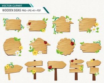 Wooden Signs Wood board Clipart, wood planks, signboards, diy elements, quotes chalk wood and flowers commercial use OK