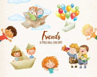 Child, kids, children clipart, watercolor children,Kids game, friends, watercolor clipart - commercial use OK