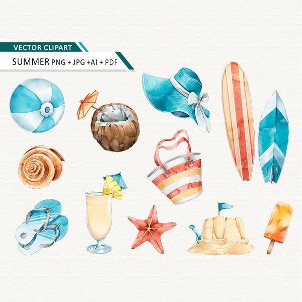 Watercolor Summer clipart summer ellements Beach clipart Watercolor travel Vacation commercial use ok