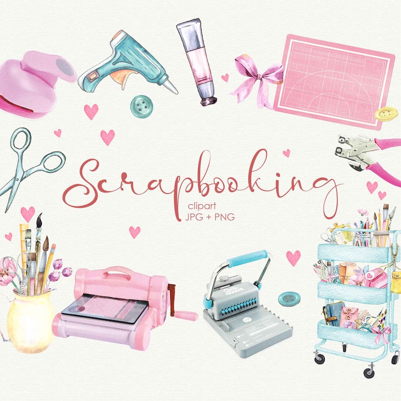 K&ouml;nnte beinhalten: Eine Aquarell-Illustration von Scrapbooking-Utensilien, darunter ein rosa Papierschneider, ein blau-wei&szlig;er Locher, eine rosa Schneidematte, eine Klebepistole, eine Tube Kleber, eine Schere, ein rosa herzf&ouml;rmiger Locher, ein rosa-blauer Knopf, eine rosa Schleife und ein blau-wei&szlig;er Wagen gef&uuml;llt mit verschiedenen Scrapbooking-Utensilien. Der Text "Scrapbooking clipart JPG + PNG" steht in der Mitte des Bildes.