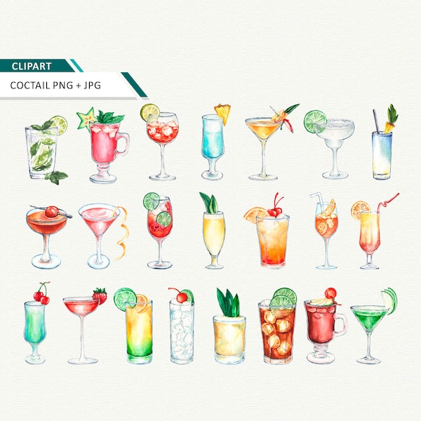Watercolor cocktail clipart summer drink clipart instant download