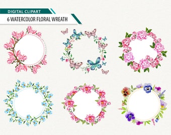 Pode incluir: Seis coroas de flores de aquarela com centros circulares em branco. As coroas são feitas de flores rosa, azuis e roxas e folhas verdes. Algumas coroas apresentam borboletas.