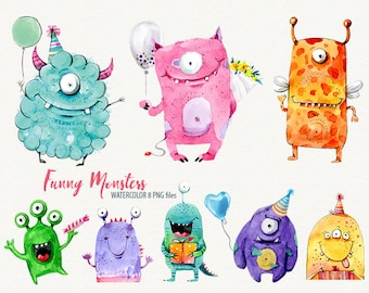 Monster clipart Watercolor monster Sweet monster funny monster BOO cute monster
