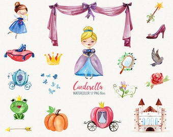 Aquarela Princesa Clipart Cinderela clip art conto de fadas Carruagem de abóbora Fada Aniversário download instantâneo uso comercial ok
