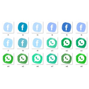 May include: Nine different social media icons, including Facebook and WhatsApp, are displayed in a grid pattern. The icons are painted in shades of blue, green, and white.