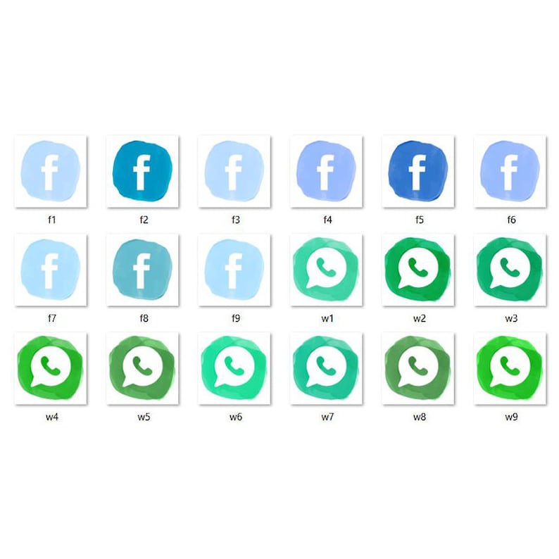 May include: Nine different social media icons, including Facebook and WhatsApp, are displayed in a grid pattern. The icons are painted in shades of blue, green, and white.