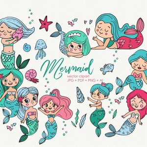 Clipart de vetor de sereia Menina náutica clip art Sereias para impressão Pequena sereia uso comercial ok
