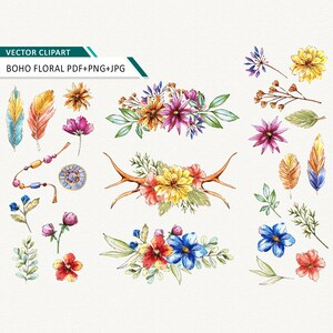 Clipart de flores Boho Aquarela floral Clipart de penas Download instantâneo Uso comercial OK - flores de casamento para impressão