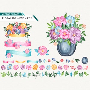 Clipart de flores em aquarela Clipart de flores vetoriais para uso comercial OK flores em aquarela download instantâneo