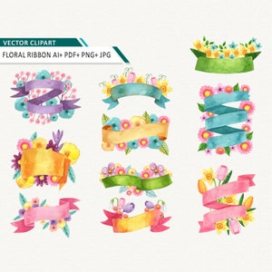 Floral Banner clipart Fita aquarela Fitas Clip art de casamento Fita com flores para impressão Vector clipart uso comercial ok