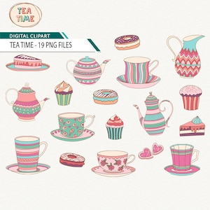 Tea Party Clipart Cupcake Clip art Tea Time bule para impressão xícara de chá Download instantâneo uso comercial OK