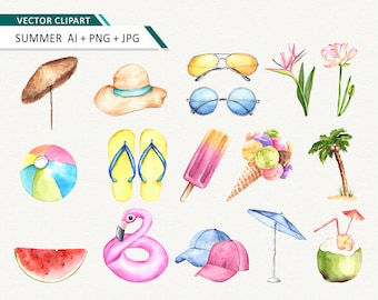 Summer clipart summer ellements Beach clipart Watercolor travel Vacation commercial use ok