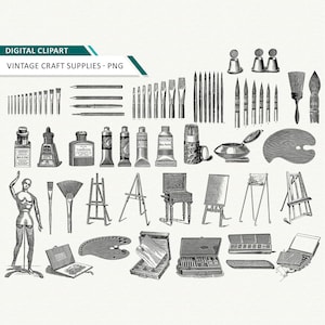 Clipart de artesanato - clip art do artista Materiais de arte Tintas Lápis Pintura criativa clipart vintage, ilustrações de arte antiga - Uso comercial OK